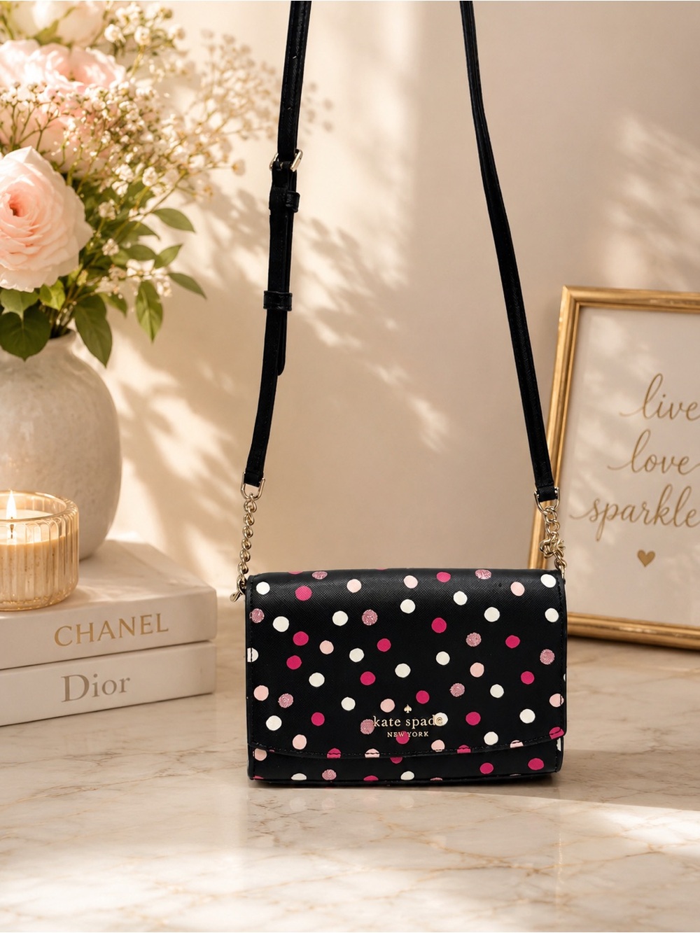 Kate Spade Carson Polka Dots Convertible Crossbody Black Pink Glitter Purse NEW